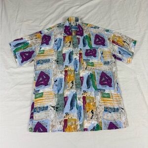 Nani Bon Mens Multicolor Abstract Short Sleeve Button Up Rayón Shirt 38